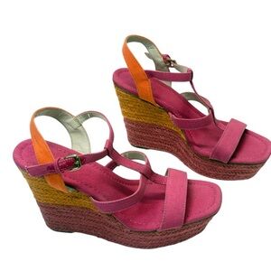 Nine West Pink and Orange Wedge Sandals with Braided Heel